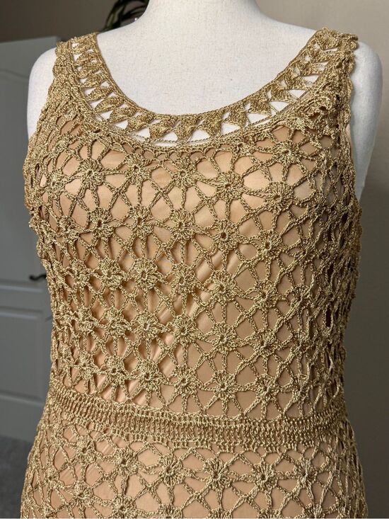 Ashley Stewart Dresses & Skirts - Gold Crochet Floral Knit Tank Dress